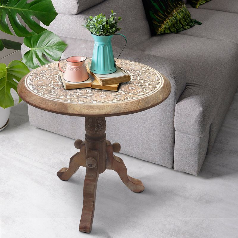 Intricately Carved Round Top Mango Wood Side End Table with Pedestal Base, Brown and White image number 1