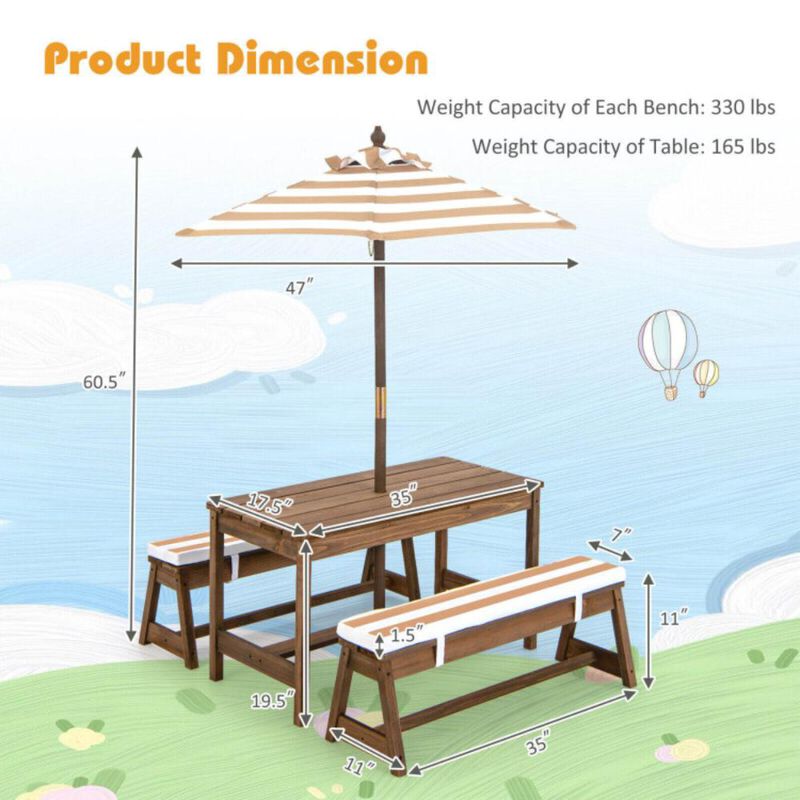 Hivvago Kids Picnic Table and Bench Set with Cushions and Height Adjustable Umbrella
