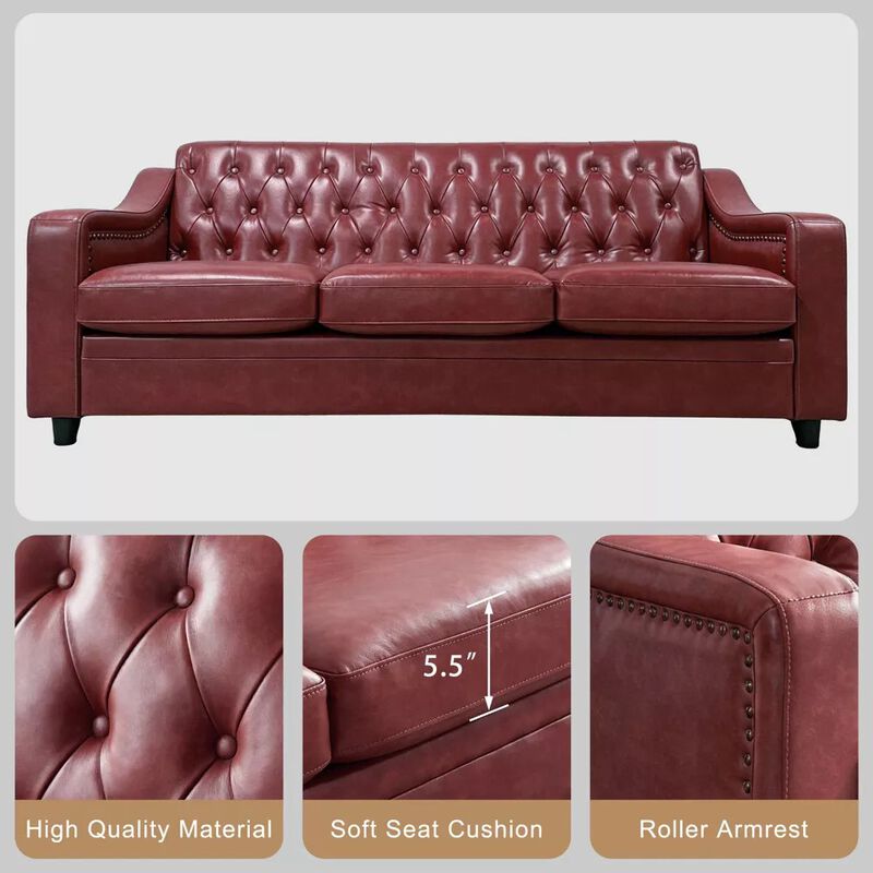Vipbear 78.7" Chesterfield Faux Leather Sofa, 3 Seater Brown PU Couch Nailhead Trim for Living Room image number 3