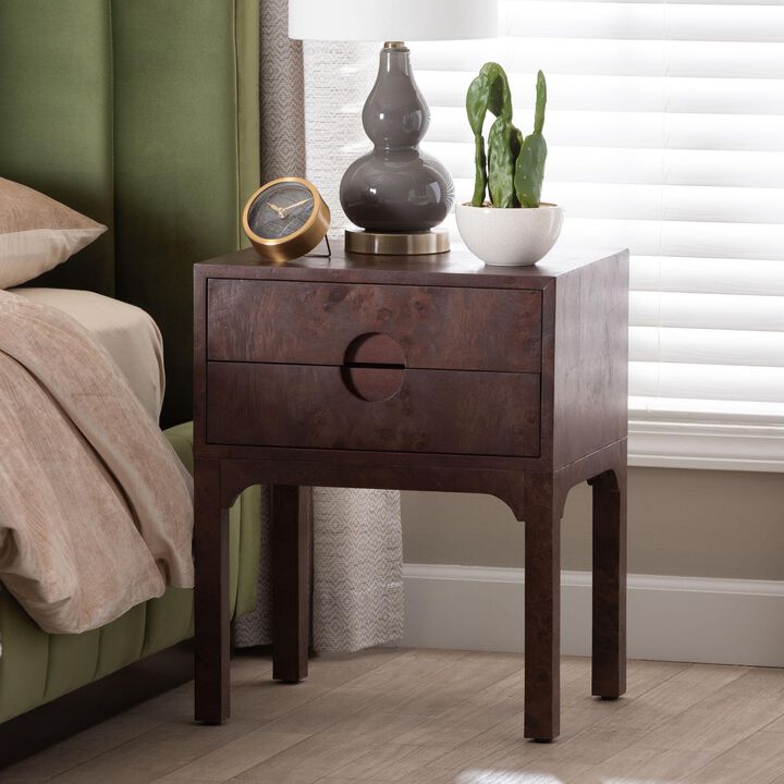 bali & pari Kayla Real Burl Wood Nightstand in Dark Walnut Brown - Modern Bedside Table with Two Drawers and Cutout Handle Design