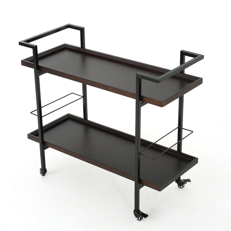 2-Tier Rolling Bar Cart with Wheels, Metal Frame & Glass Shelves