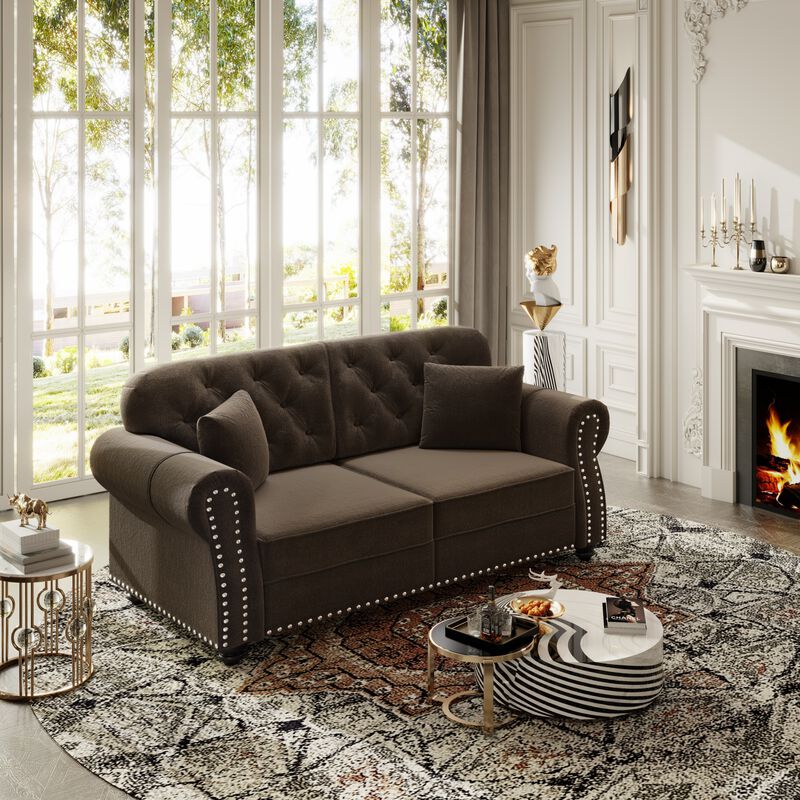 Whisen 2 Seat Velvet Upholstered Sofa with 2 Ottomans, Nailhead Trim, Mid-Century Modern, for Living Room image number 2