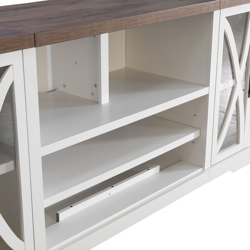 93" Farmhouse White TV Stand with 36" Insert Electric Fireplace Heater, Open Storage Shelves and Cabinets Media Console for TVs up to 85"