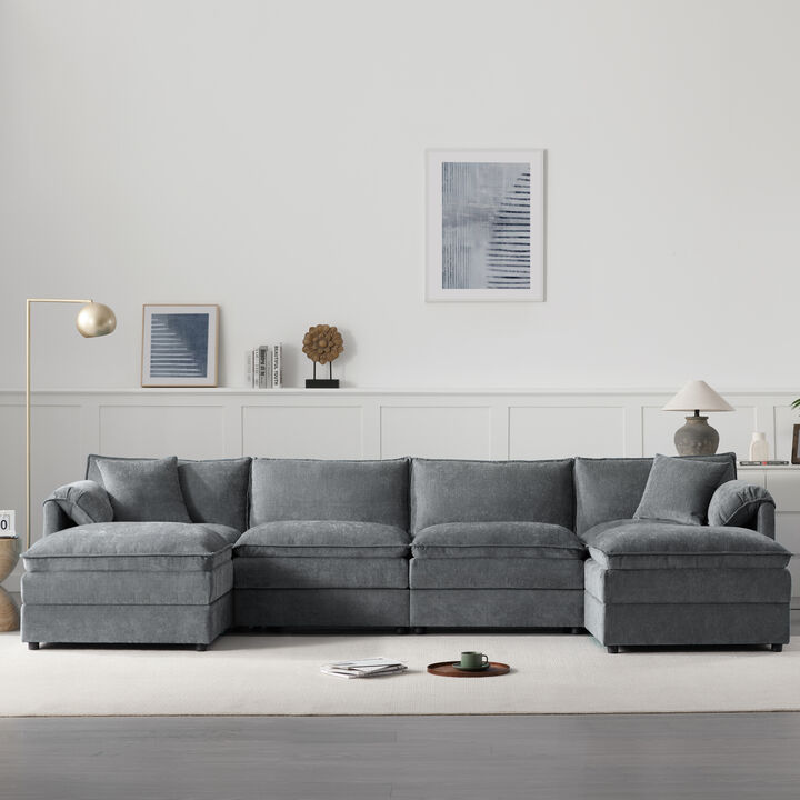 Whisen Modern 136" Chenille Modular Sectional Sofa with Double Cushions and Movable Ottomans