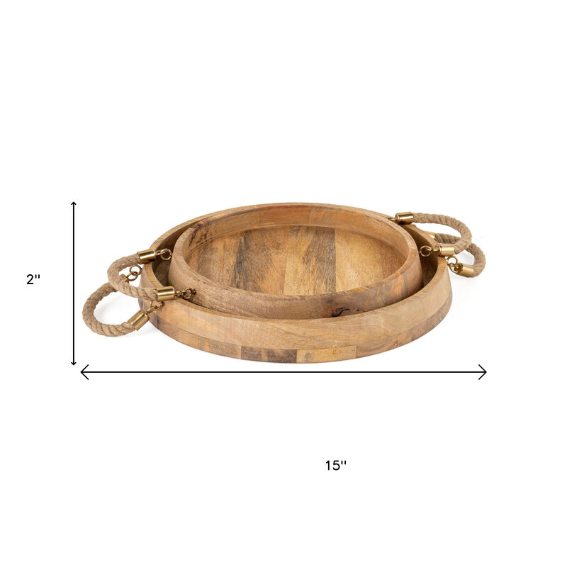 HomeRoots Set of Two Brown Round Solid Wood Serving Trays With Handles image number 6