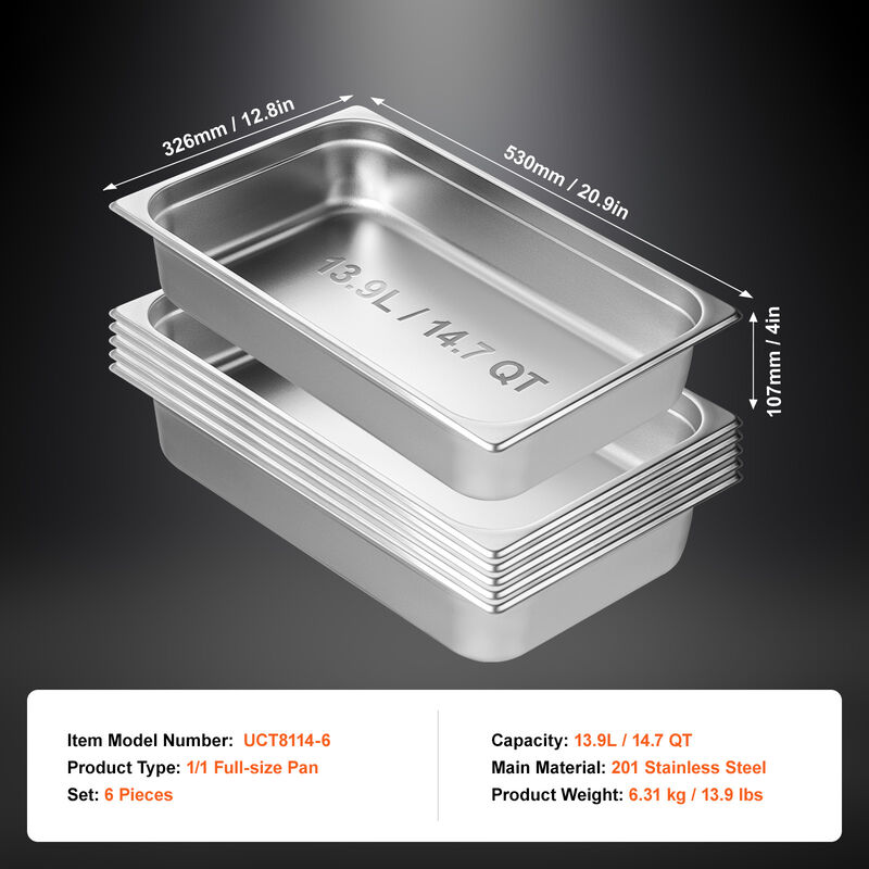 VEVOR 6 Pack Full Size Hotel Pans Steam Table Pan Stainless Steel 4" Deep