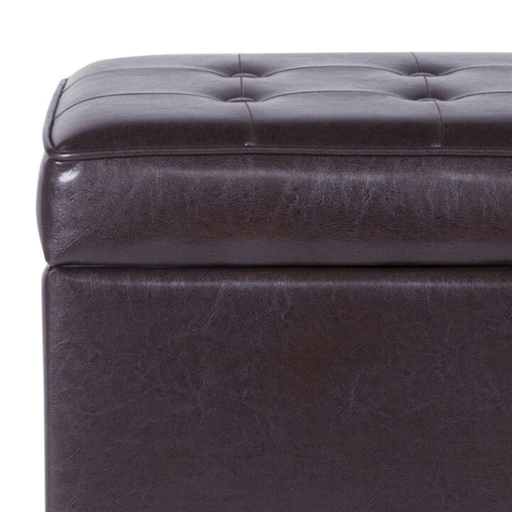 Square Shape Leatherette Upholstered Wooden Ottoman with Tufted Lift Off Lid Storage, Brown - Benzara