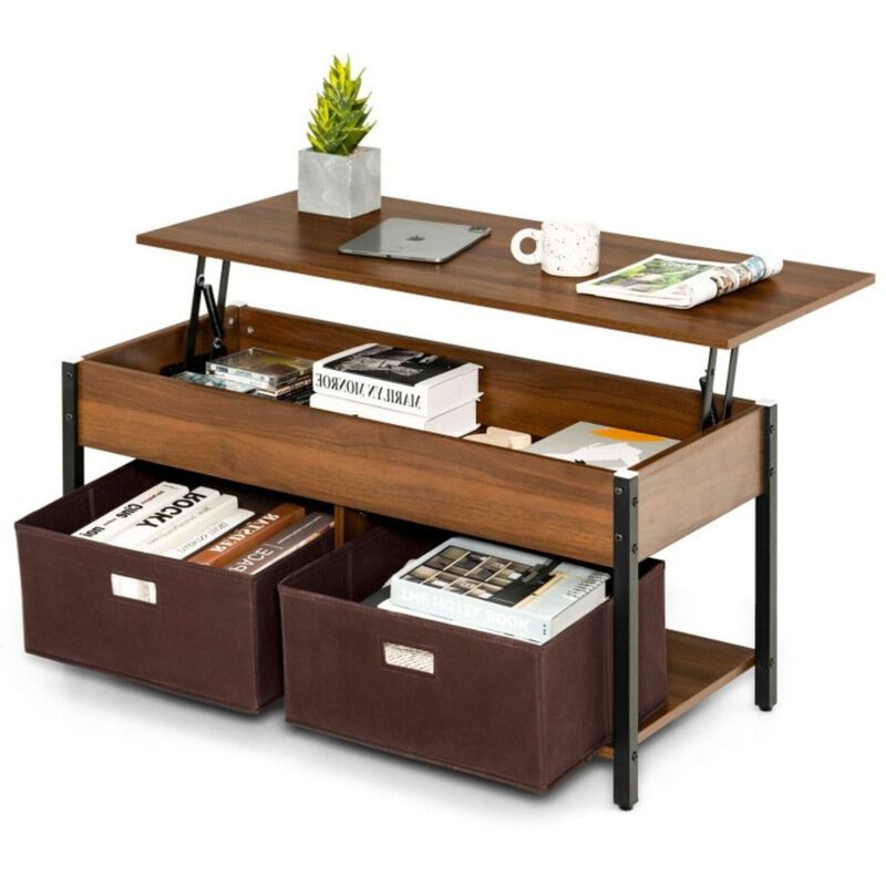 Hivvago FarmHouse Brown Lift-Top Multi Purpose Coffee Table with 2 Storage Drawers Bins