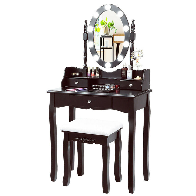 Vanity Set with Oval LED Mirror, 10 Dimmable Bulbs & 3 Drawers
