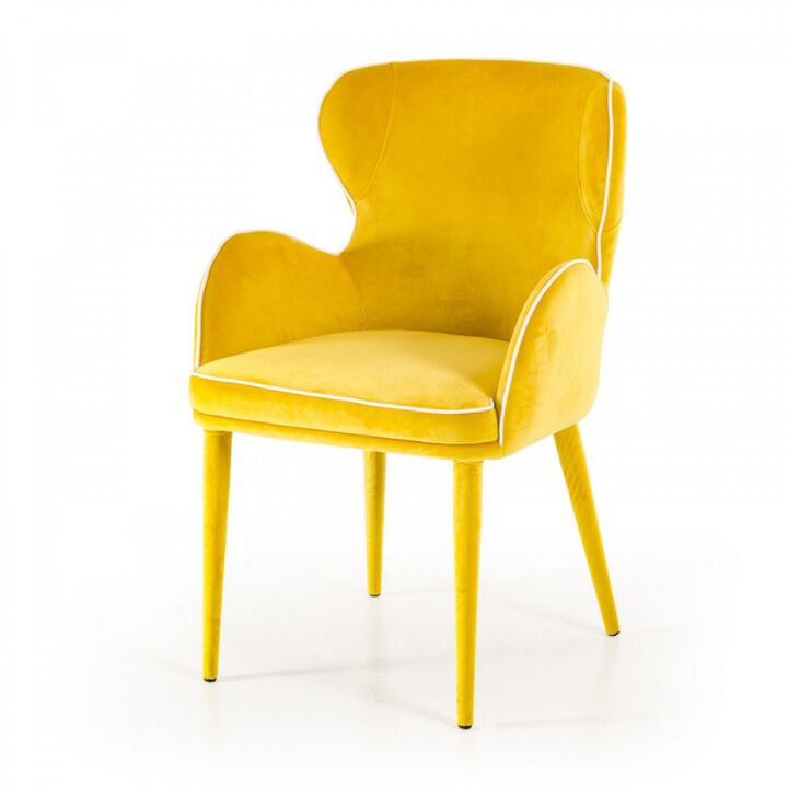 33 Inch Wingback Dining Chair with High Curvy Arms, Yellow Fabric-Benzara