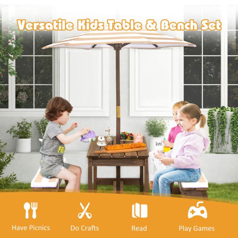 Hivvago Kids Picnic Table and Bench Set with Cushions and Height Adjustable Umbrella