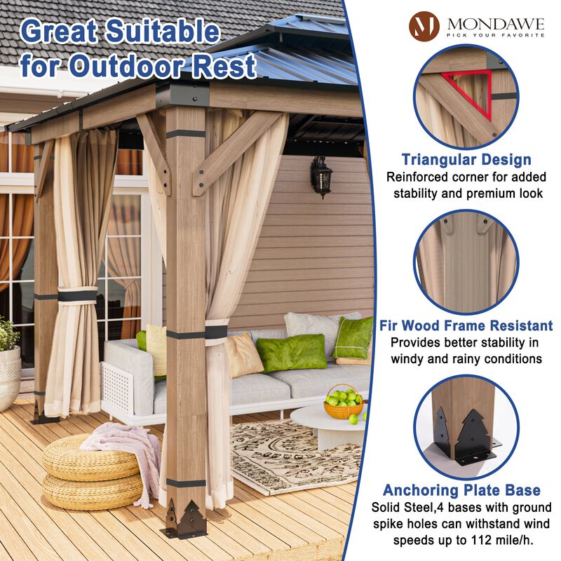 Mondawe Beverly Hills 10 ft. x 12 ft. Outdoor Fir Solid Wood Frame Patio Gazebo Canopy Shelter Galvanized Steel Hardtop with Netting And Curtain