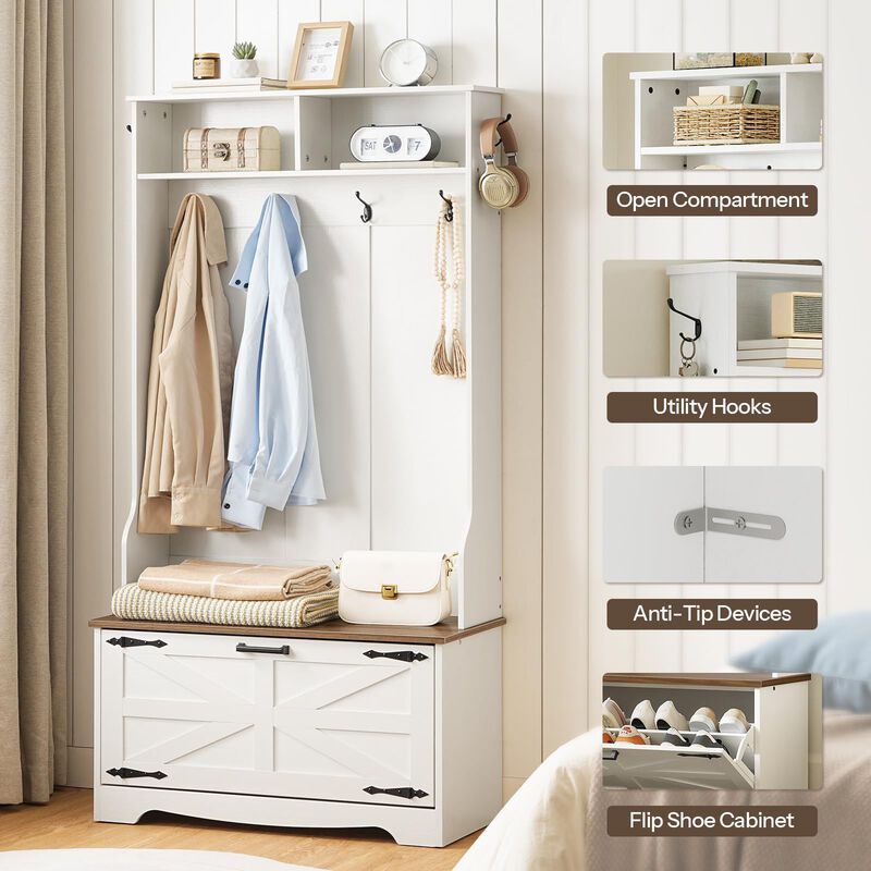 Hall Tree with Coat Rack and Shoe Cabinet, Entryway Unit with Flip Top Drawers image number 5