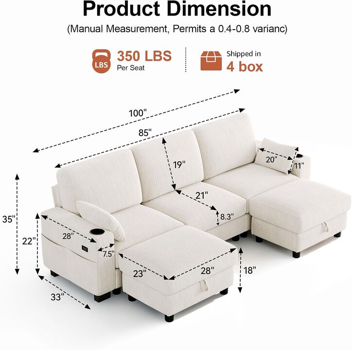 Vipbear 100" Modular Sectional Sofa Chenille 5 Seater U Shaped Couch with Moveable Ottoman
