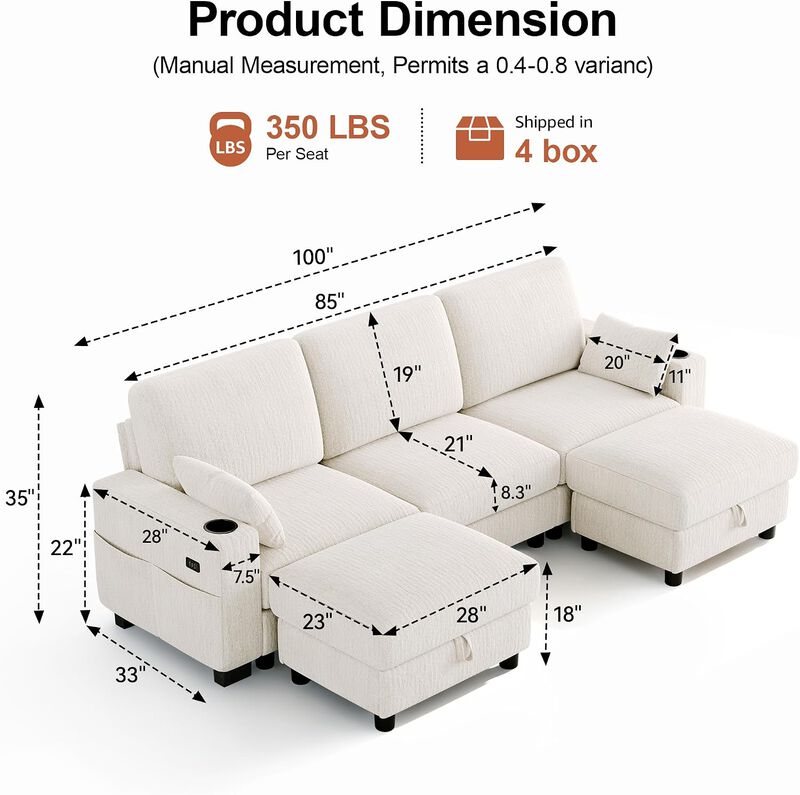 Vipbear 100" Modular Sectional Sofa Chenille 5 Seater U Shaped Couch with Moveable Ottoman image number 1