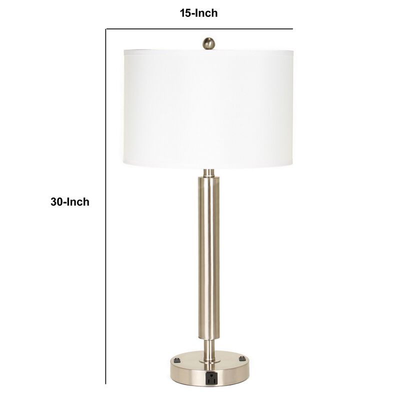 Metal Table Lamp with Fabric Drum Shade, Silver and White-Benzara