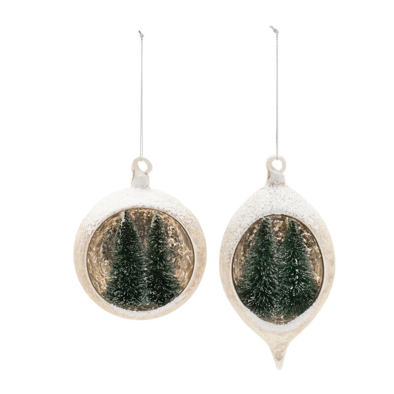 Set of 6 Decorative Mercury Glass Ornaments with Etched Pine Tree Details
