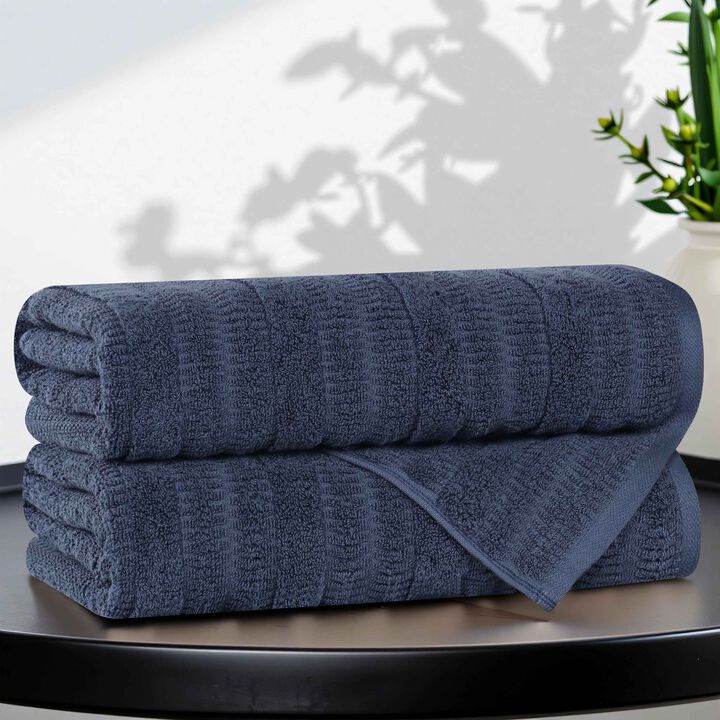 Set of 2 Ribbed Viscose Cotton Blend Bath Towels for Bathroom Use