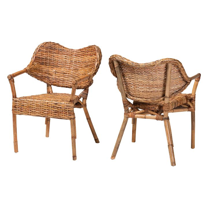 bali & pari Tara 2-Piece Natural Rattan Dining Chair - Handwoven Wicker Armchair with Curved Backrest, Boho Coastal Seating
