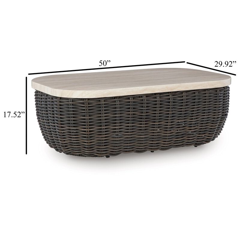 Kimo Outdoor Cocktail Coffee Table, Brown Wicker Details, 50 Inch - Benzara