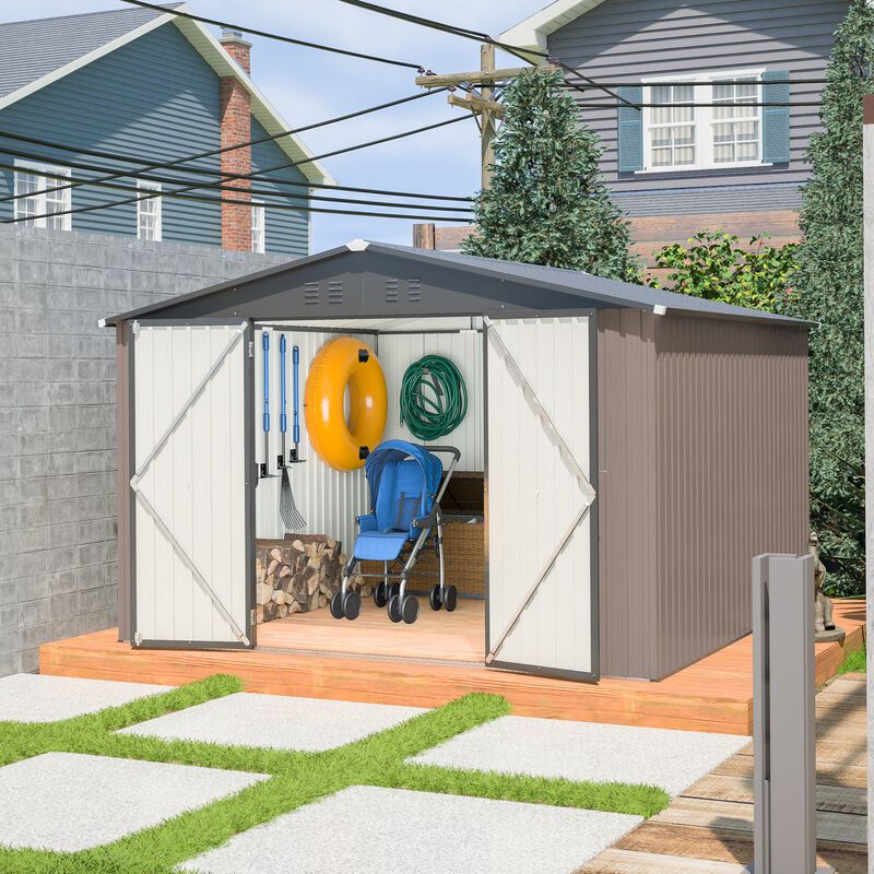 Mondawe 10'x10' Brown Metal Storage Shed with Lockable Doors