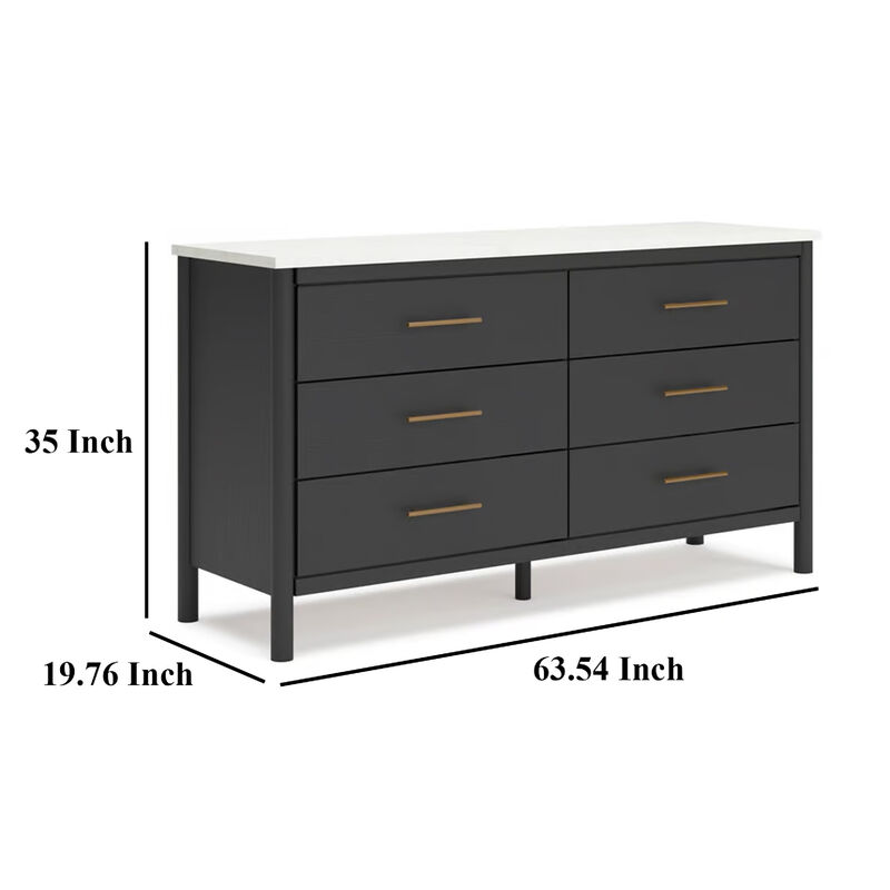 Mooran Wide Dresser, 6 Drawers, Marble Finish Top, Black Laminate - Benzara