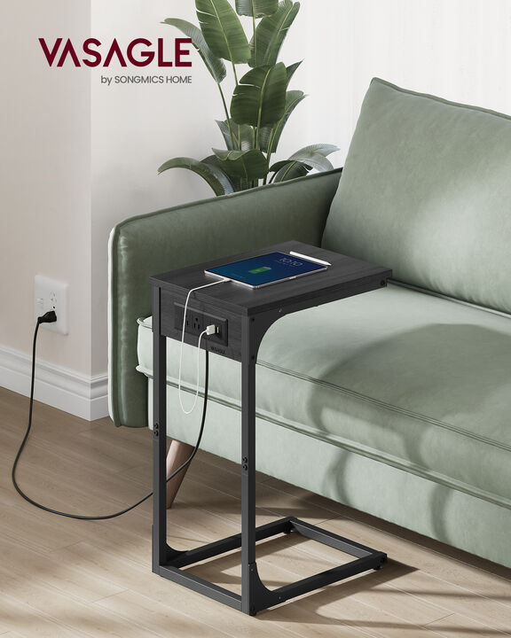 C-Shaped Side Table with Charging Station &ndash; Slim Sofa Table with USB Ports and Outlets for Living Room or Bedroom