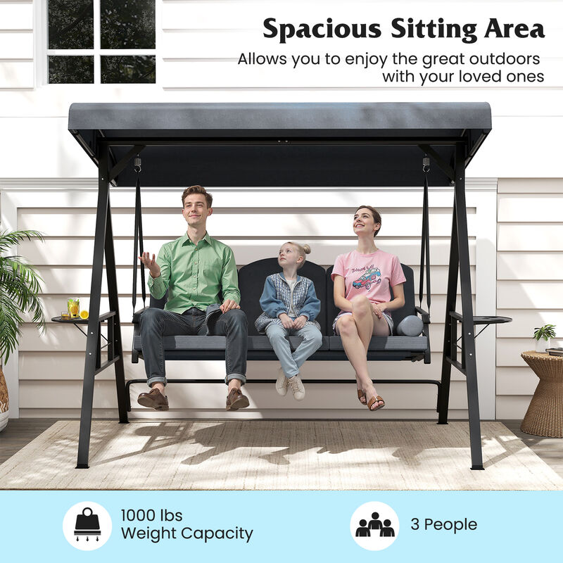 3-Person Patio Swing Chair with Canopy, Pillow and Foldable Side Trays image number 4