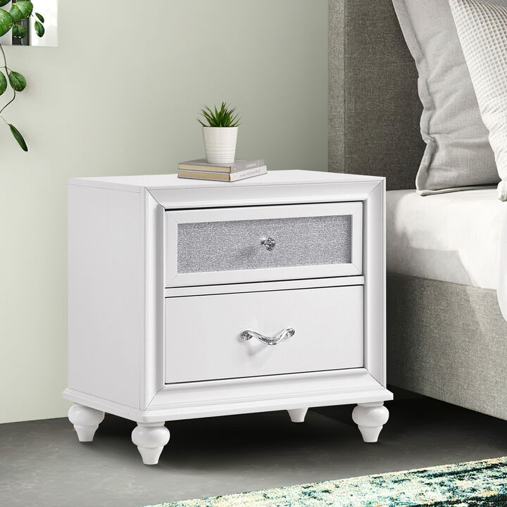 Nightstand with 2 Drawers and Glittery Acrylic Front, White-Benzara