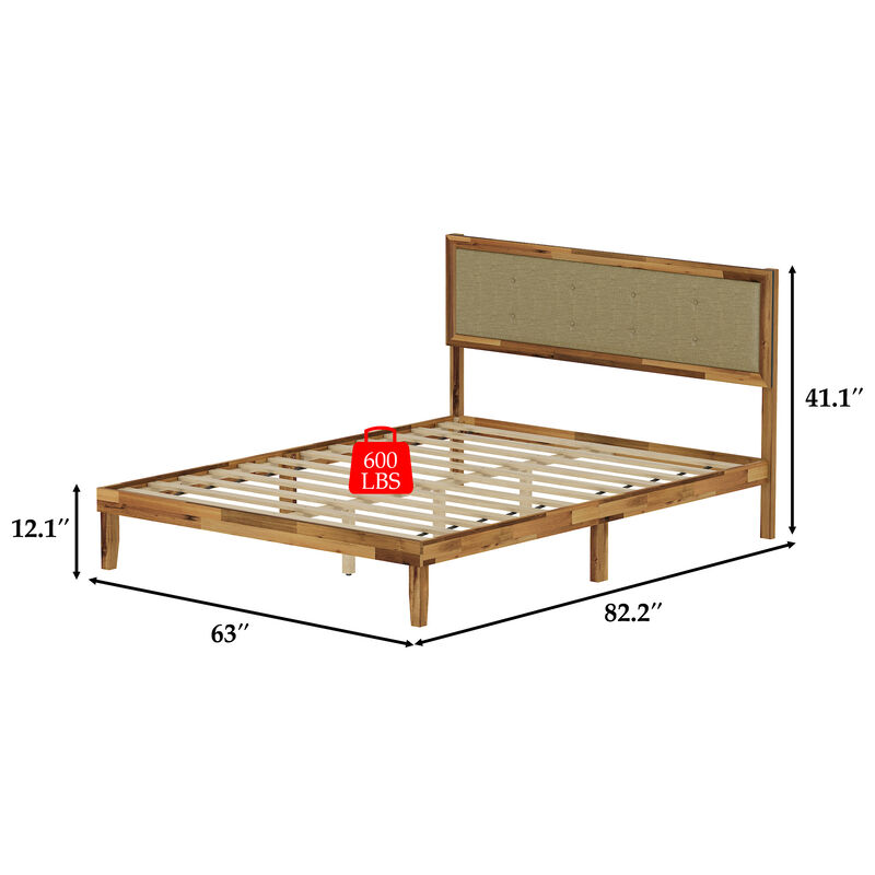 FUFU&GAGA Deep Natural Acacia Wood Upholstered Bed Frame with Linen Headboard and Plywood Slats, Queen Size Platform Bed (82.2" L x 63" W x 41.1" H), Brown