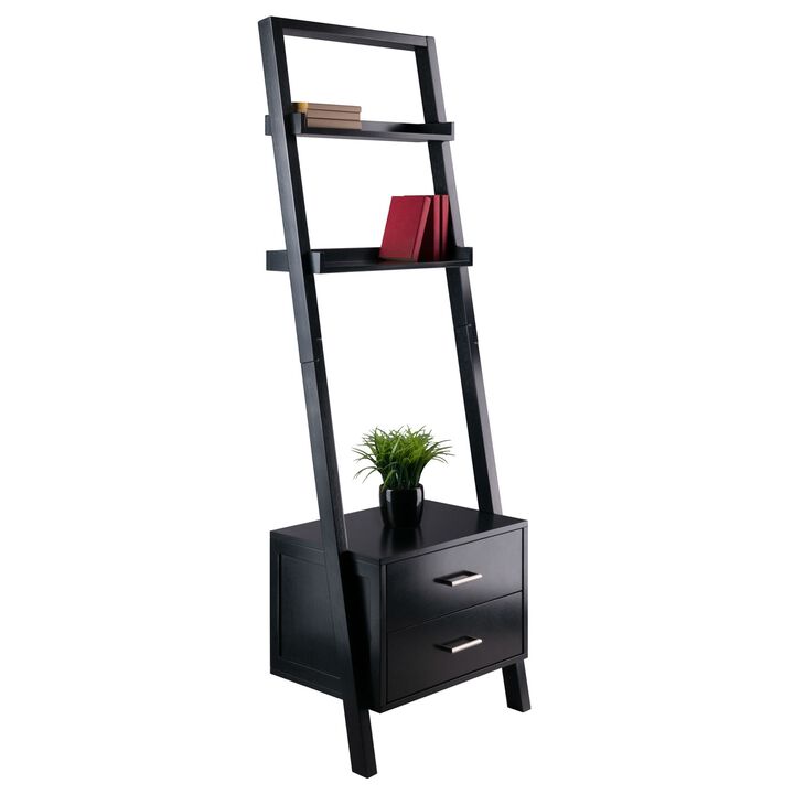 Hivvago Modern Black 2 Drawer Entryway Shelf Leaning Ladder Bookshelf Bookcase