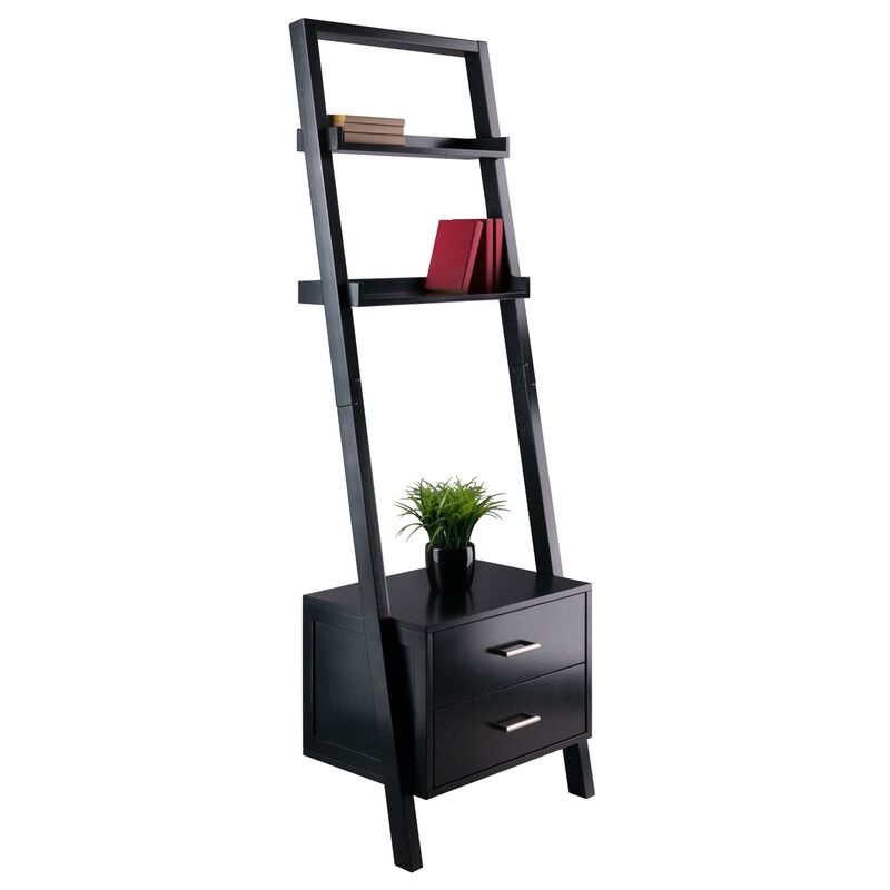 Hivvago Modern Black 2 Drawer Entryway Shelf Leaning Ladder Bookshelf Bookcase