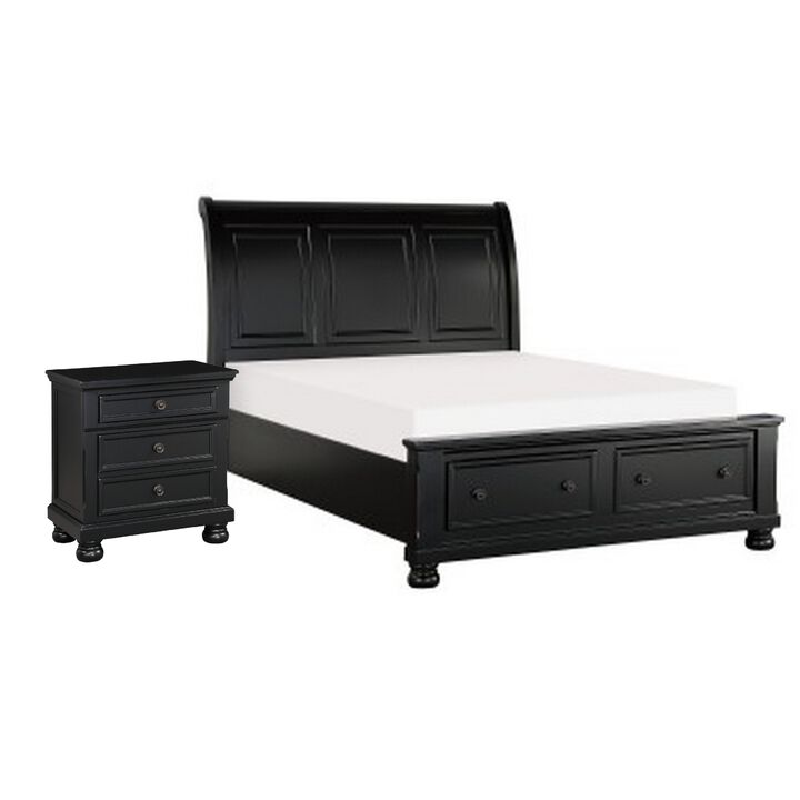 Queen Size Bedroom Set, Black Finish, Storage Bed with Drawers, 2-Piece Set with Bed and Nightstand