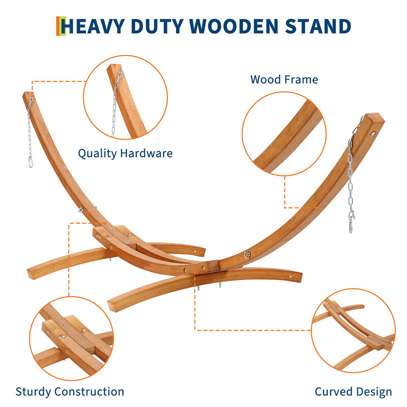 Heavy Duty Curved Wood Hammock Stand &ndash; Weatherproof Frame with Chains & Carabiners, Supports 475 lbs &ndash; Indoor/Outdoor Patio image number 3