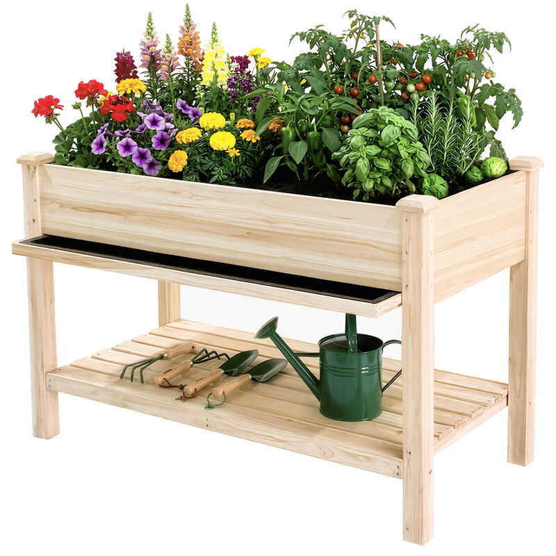 WOW PIONEER Elevated Solid Wood Raised Garden Bed with Water Collection Tray, Storage Shelf, Protective Liner image number 9