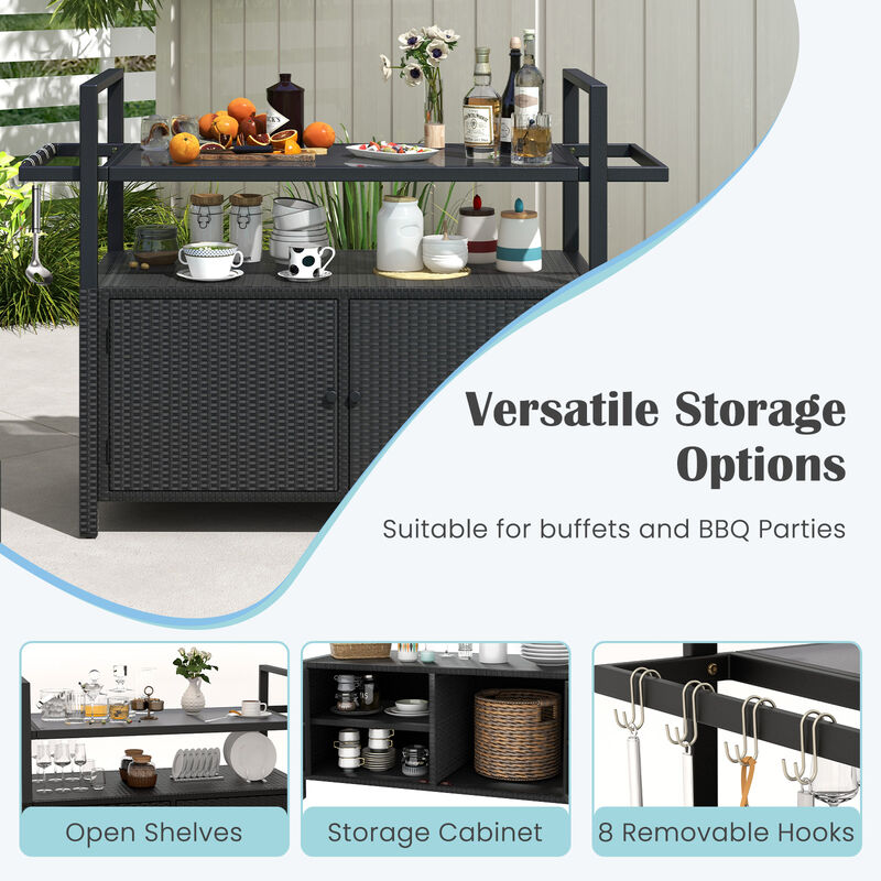 Outdoor Bar Cart Rolling Wicker Buffet Serving Cart with Tempered Glass Top Storage Cabinet