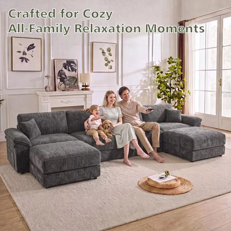Vipbear 150 Inch Chenille Oversized Modular Sectional Sofa U Shaped Cloud Couch with Movable Ottoman image number 7