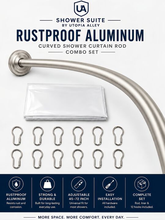 Shower Suite by Utopia Alley &ndash; Rustproof Aluminum Curved Shower Curtain Rod Combo Set with Liner & 12 Hooks, Adjustable 45&ndash;72 Inch Wall Mount Rod