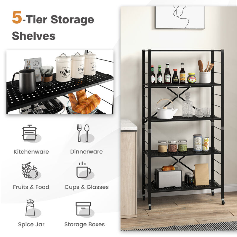 5-Tier Adjustable Shelves with Wheels for Garage Kitchen Balcony