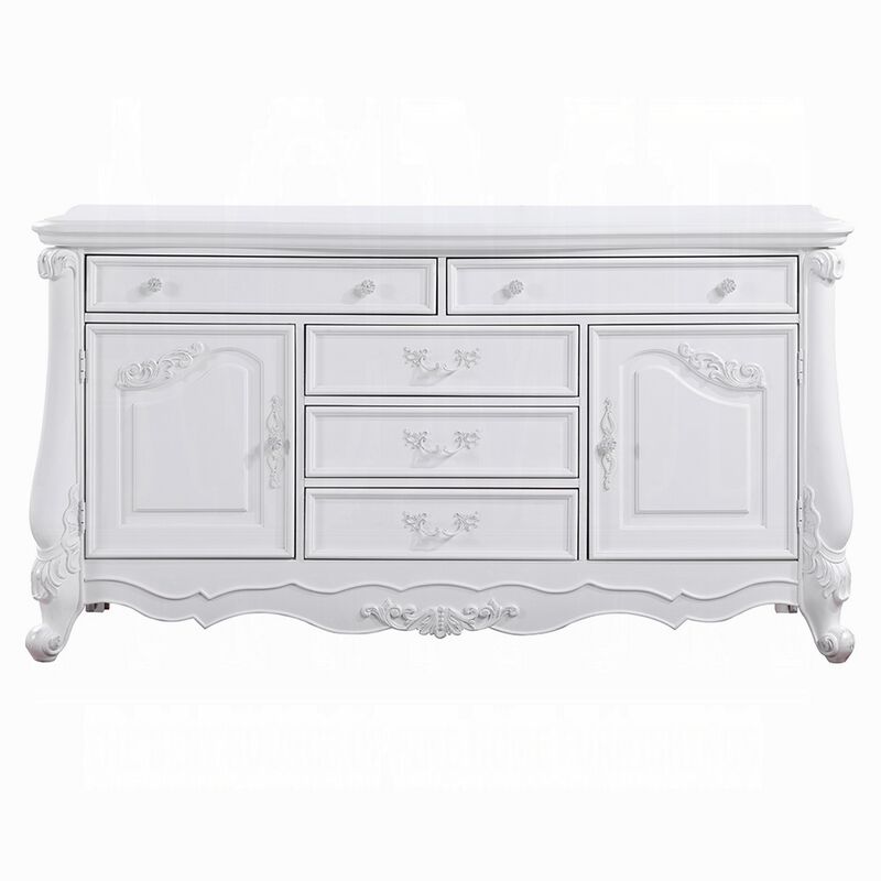 Maver Wide Dresser Chest with 6 Drawers, 2 Doors, Classic White Wood - Benzara
