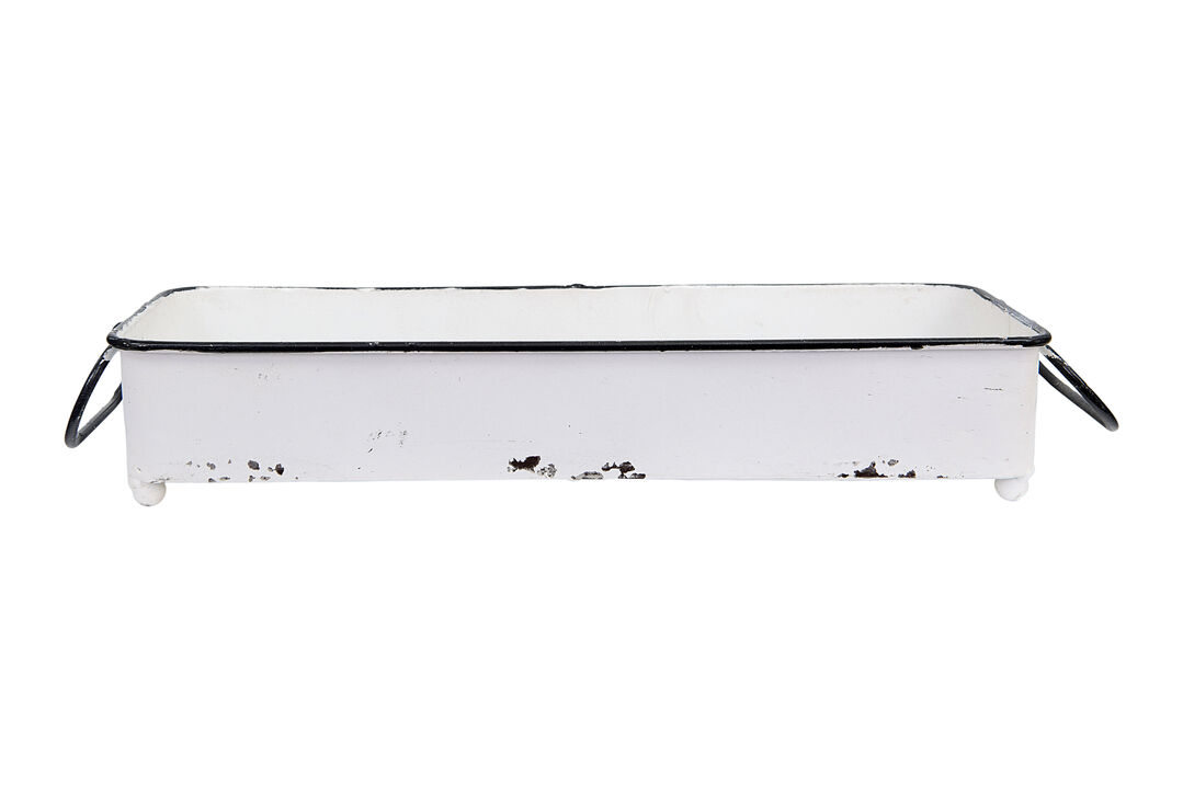 Decorative Metal Tray with 2 Handles and Distressed Finish, White and Black