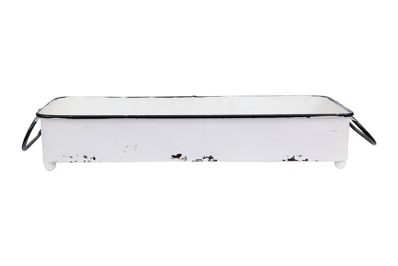 Decorative Metal Tray with 2 Handles and Distressed Finish, White and Black image number 0