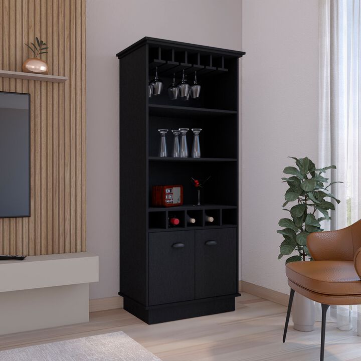 Elon 70"H Bar Cabinet with Wine Rack, Upper Glass Cabinet, three Open Storage Shelves and One Cabinet,Black,Living Room