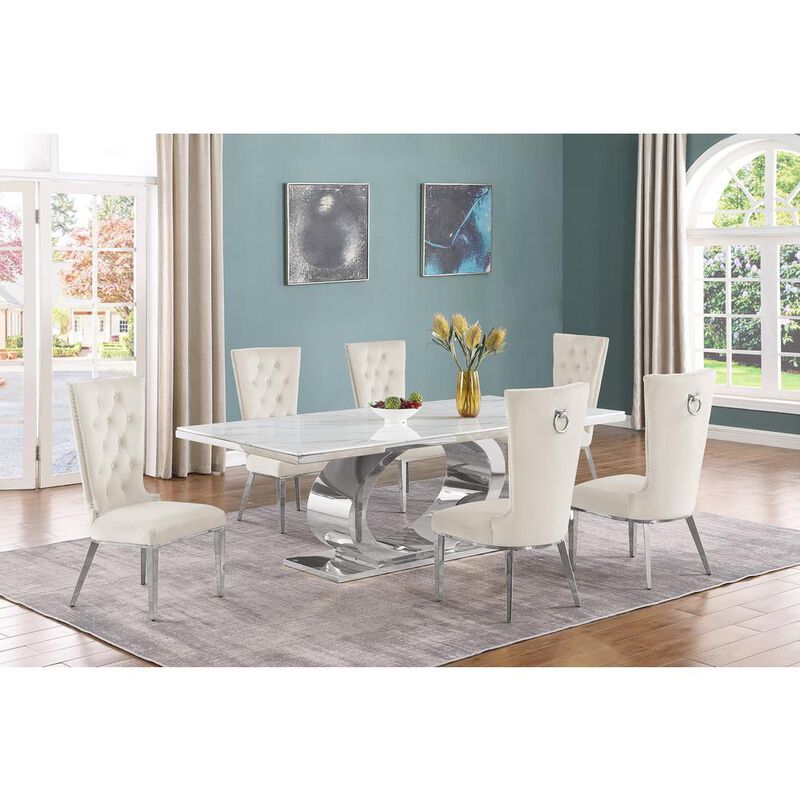 Best Quality Furniture 7pc Large(87) marble top dining set with silver base and 6 Cream side chairs image number 2