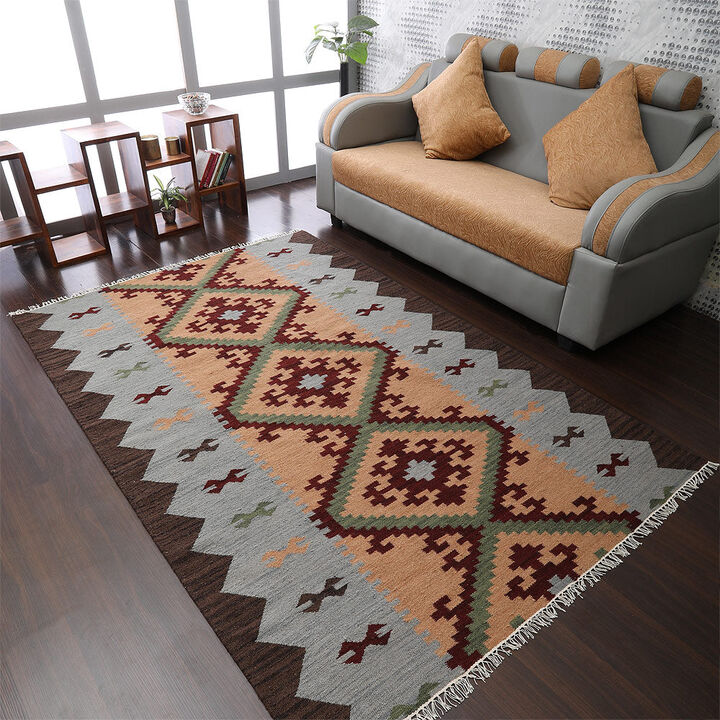 RUGSOTIC CARPETS HAND WOVEN FLAT WEAVE KILIM WOOL ECO-FRIENDLY AREA RUGS  - Rectangle Shape, Contemporary Modern Design, Low Pile Handmade Rugs for Living Room (D00137)