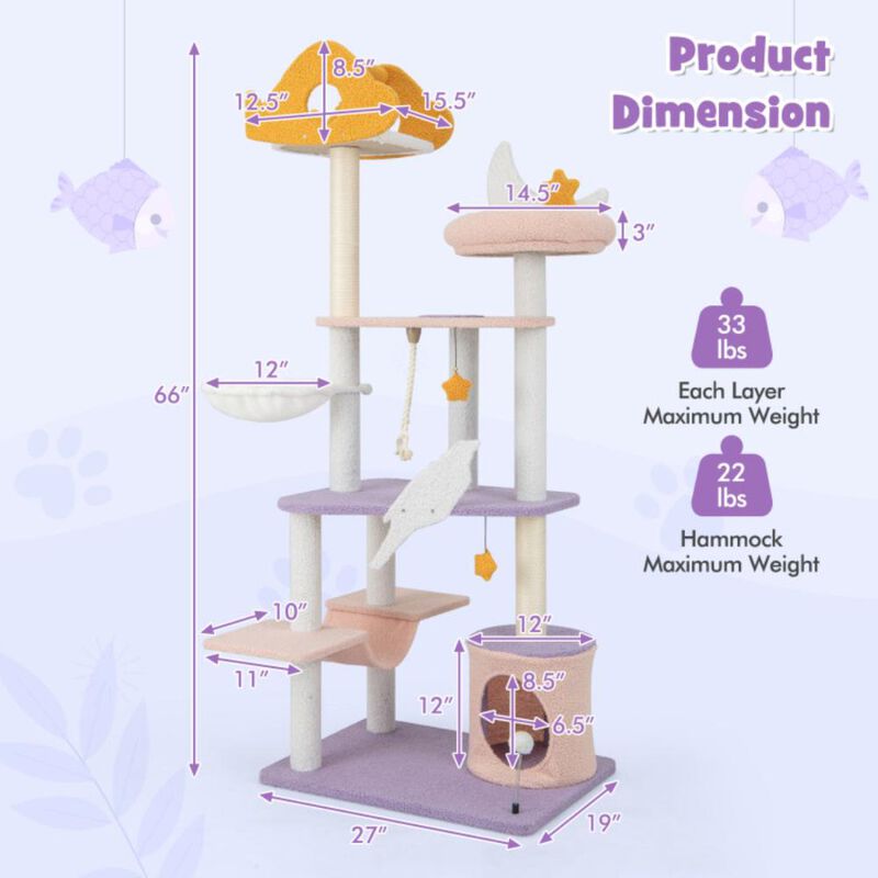 Hivvago 66 Inch Cute Cat Tree Cats Multi-level Tall Cat Tower with Sisal Covered Scratching Posts