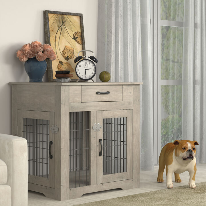 Furniture Style Dog Crate End Table with Drawer, Pet Kennels with Double Doors, Dog House Indoor Use, Grey, 29.9" W x 24.8" D x 30.71" H