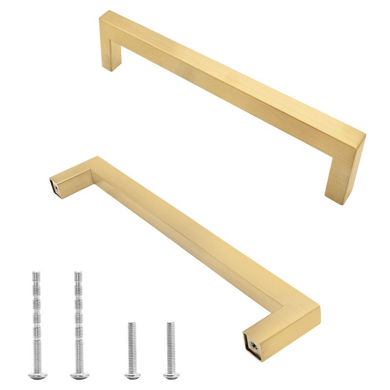 Qjaiune 6 Pack Brushed Gold Cabinet Pulls Square Dresser Handles, 5 Inch / 128mm Hole to Hole Cabinet Handles Stainless Steel Ca