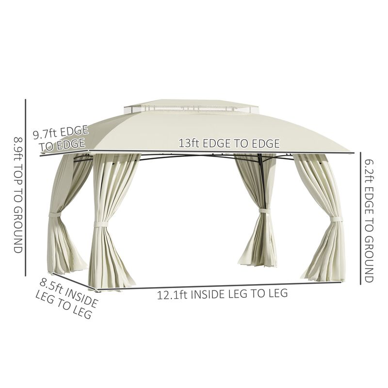 13' x 10' Patio Gazebo Outdoor Canopy Shelter with Sidewalls, Double Vented Roof, Steel Frame for Garden, Lawn, Backyard and Deck, Beige