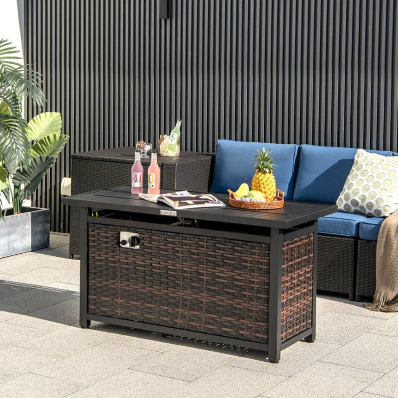 Hivvago 45 Inch Propane Rattan Firepit Table with Glass Stones and Protective Cover-Mixed Brown image number 1
